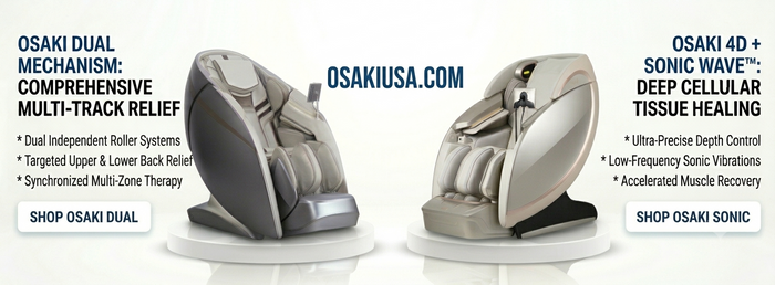 Osaki premium full body massage chair comparison banner featuring the OS-Pro 4D DuoMax SE with dual mechanism and the Platinum Sapphire 4D with Sonic Wave vibration technology.