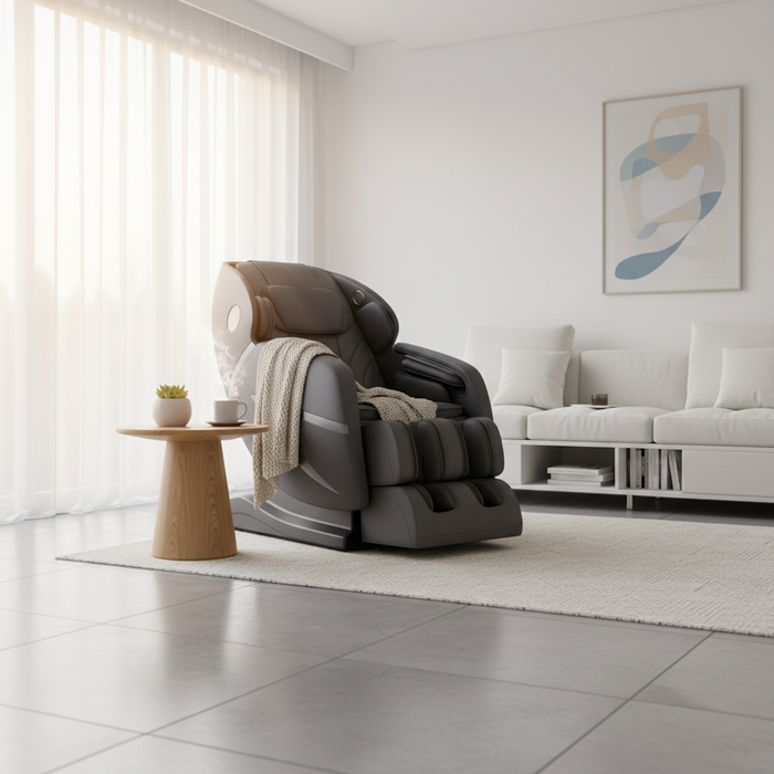 A comfortable massage chair in a sunlit, modern living room with a warm throw and steaming mug.