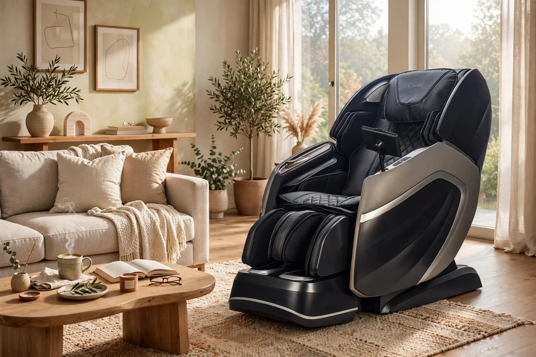 a modern living room with a massage chair bathed in soft morning light